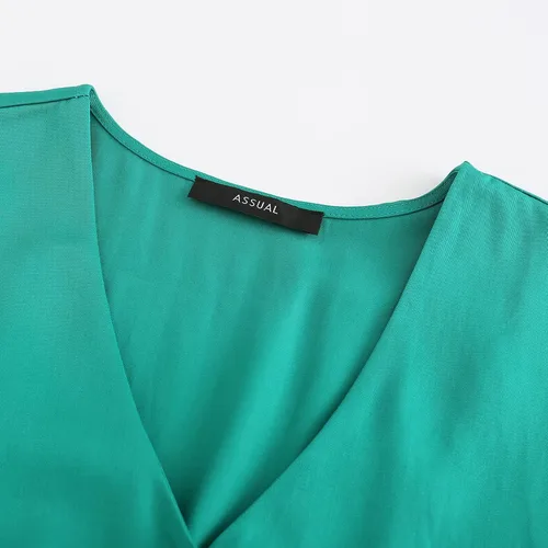 Vista 3 de ASSUAL Vestido de manga corta con cuello en V para mujer, fibra de Lyocell natural, cintura frontal con botones, vestidos midi casuales de oficina