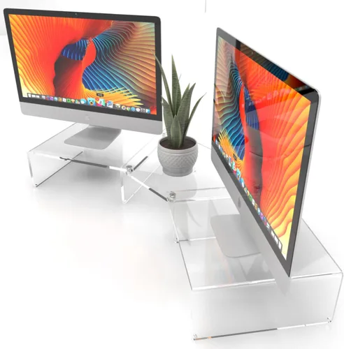 Vista 3 de Soporte para monitor doble - Soporte de acrílico transparente para monitor de computadora doble - Soporte ergonómico para monitor para escritorio