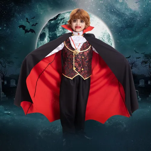 Vista 6 de Vampire Costume for Boys Scary Halloween Party, Vampire Teeth Cosmetic Kit IncludedBlack Red