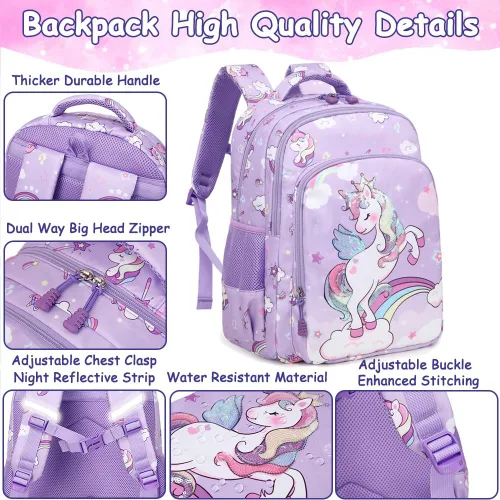 Vista 30 de Juego de mochila para niñas y adolescentes, mochila escolar para niños con bolsa para el almuerzo, estuche para lápices, mochilas escolares