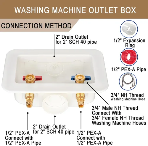 Vista 3 de [1 unidad] Lingmfg Caja de salida para lavadora PEX-A expansión con drenaje central de 2 pulgadas, expansión PEX-A de 1/2 pulgada, conecta mangueras