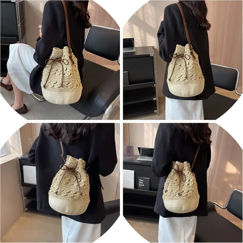 Vista 2 de Bolsa de paja para mujer, bolsa de playa tejida de verano con cordón de ajuste, bolso de mano para vacaciones (beige)
