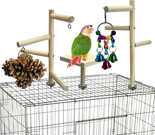 Vista 10 de PINVNBY Parque infantil para pájaros, loro, gimnasio, periquitos, jaula de juego, soporte de madera, perchas, corralito, escalar, juguete