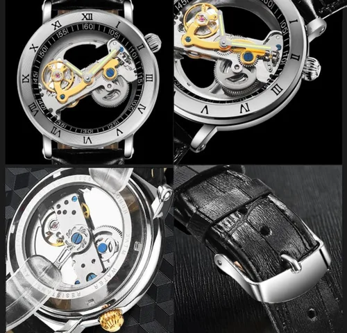 Vista 4 de Reloj mecánico automático para hombre, reloj de pulsera de acero inoxidable esqueleto de cuerda automática,Relojes de diseño de esfera transparente