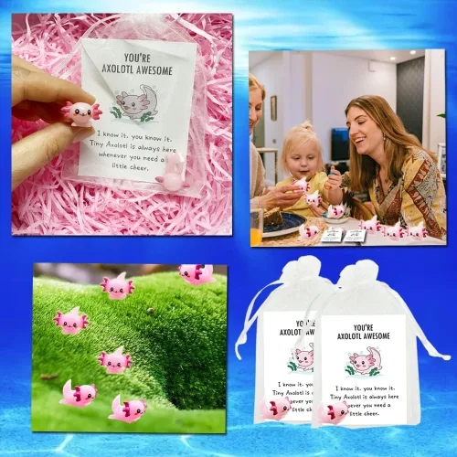 Vista 5 de 90 piezas de regalo inspirador mini ajolote de resina con regalo de agradecimiento, tarjetas de animación, bolsas de regalo de organza blanca