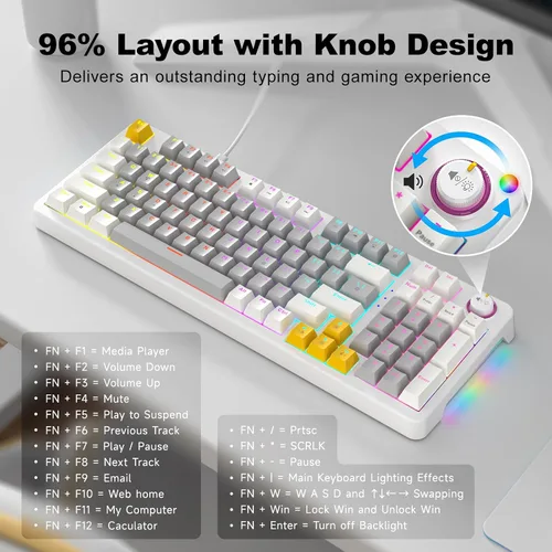 Vista 6 de MOFII AK96 - Teclado mecánico para juegos, teclas completas con retroiluminación LED programable, Plug and Play USB AC Teclado personalizado