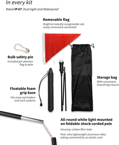 Vista 4 de Pactrade Marine Bandera de kayak con luz – Kit portátil de barra de bandera de 360 grados de luz blanca y barco para riel de pista y soporte de caña