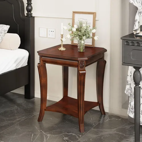 Vista 13 de Mesa auxiliar tradicional con estante de almacenamiento y patas talladas, mesas de sala de estar de granja, mesa central rectangular de madera