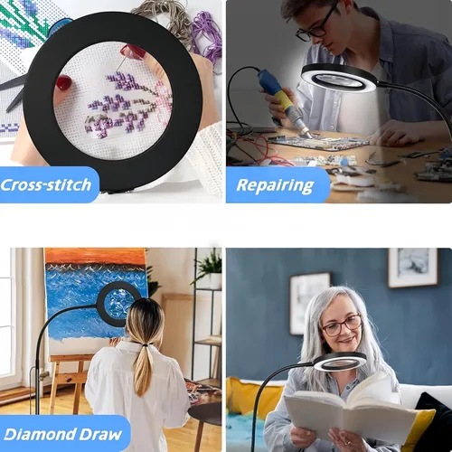 Vista 6 de Lupa de 10X con luz de tres colores de temperatura LED de altura ajustable luces de piso adecuadas para leer, artesanías y comerciantes de joyas