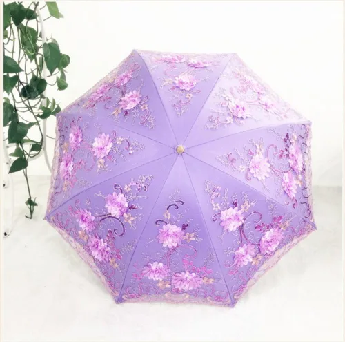 Vista 150 de Honeystore Sombrilla bordada con flor 3D plegable UV con encaje clásico