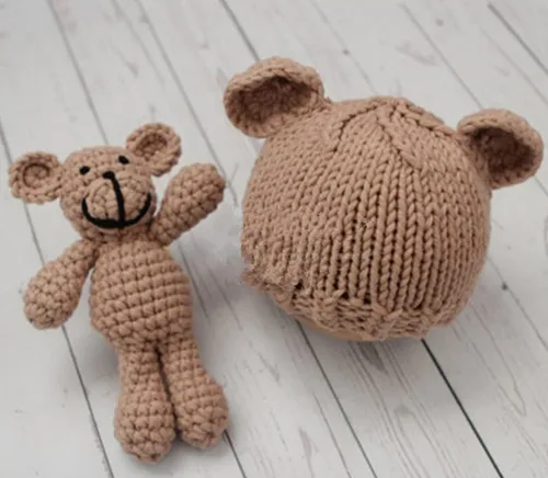 Vista 3 de Moda recién nacido niños niñas bebé sesión de fotos accesorios trajes ganchillo oso sombrero gorro con oso fotografía accesorios traje