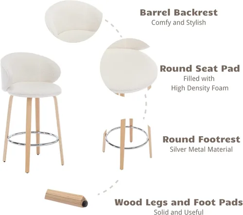 Vista 4 de HEAH-YO Juego de 2 taburetes de bar modernos de 26 pulgadas de altura de mostrador con respaldo de barril y patas de madera, taburete de cocina