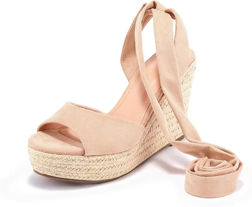 Vista 6 de Liyuandian - Sandalias para mujer de plataforma alta estilo cuña de yute, con puntera abierta y correa para el tobillo con hebilla
