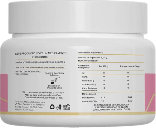 Vista 2 de Ovatol (0.21 onzas) de inositol en polvo puro Myo-inositol y D-Chiro-inositol Proporción 40:1 0.23 oz por porción Suplemento en polvo