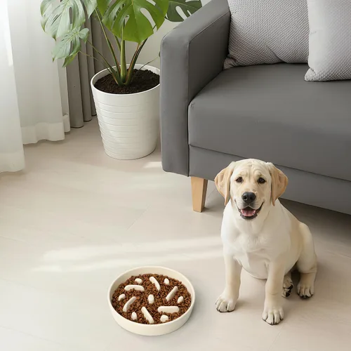 Vista 8 de Cuenco de cerámica para perros de alimentación lenta, 2 tazas de plato de Laberinto - Blanco