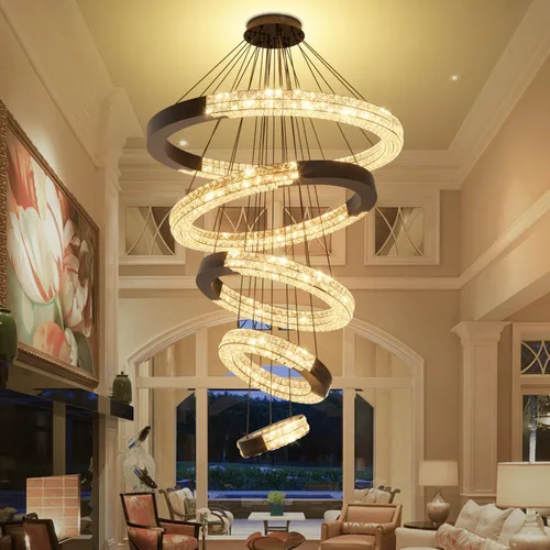 Vista 11 de Candelabro LED de anillo dorado para sala de estar, comedor y dormitorio, lámparas de cristal modernas, iluminación colgante, lámparas ajustables
