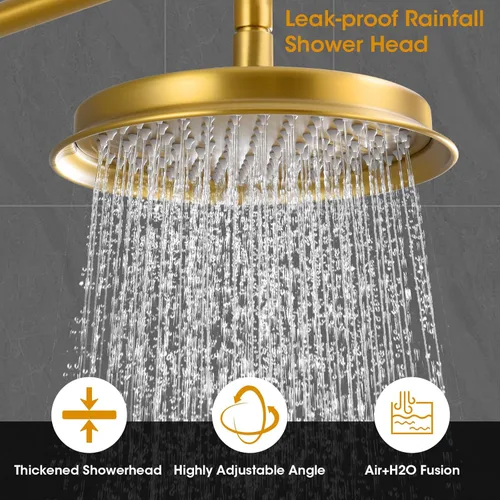 Vista 4 de Cabezal de ducha de lluvia con combo de mano, sistema de ducha dorado cepillado con válvula de presión de equilibrio, cabezal de ducha de 9 pulgadas