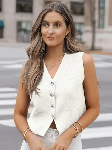 Vista 3 de LILLUSORY Camisetas casuales de negocios para mujer, estilo 2024, suéter sin mangas, cuello en V, con botones, recortada