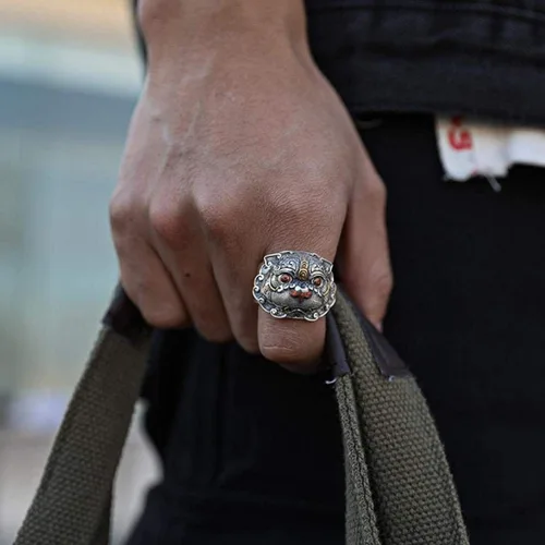 Vista 5 de Pi Xiu Anillo para hombres, Mitología China, Anillo Pixiu, Anillo de amuleto PiXiu, Anillo Feng Shui Buena Suerte, Atraer Riqueza Dinero Anillo