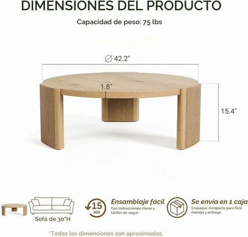 Vista 2 de Furniture of America Carys Mesa de Centro Redonda Moderna de Madera Maciza de 42 Pulgadas con Base de Plinto, Muebles de Sala de Estar para Espacios