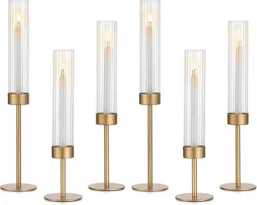 Vista 10 de Candelabros cónicos dorados de huracán: 3 portavelas de latón Glasseam con tapa cilíndrica de vidrio acanalada, candelabros altos estriados