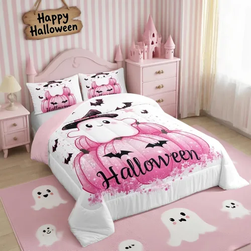 Vista 15 de Feelyou Juego de edredón de calabaza para todas las estaciones, decoración de Halloween, juego de ropa de cama con 1 funda de almohada, microfibra