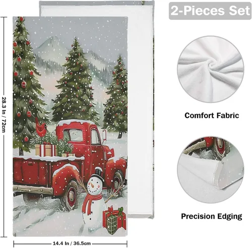 Vista 2 de Pfrewn Juego de 2 toallas de mano con diseño de muñeco de nieve de camión rojo de Navidad, 16 x 30 pulgadas, suaves, absorbentes, pequeñas toallas
