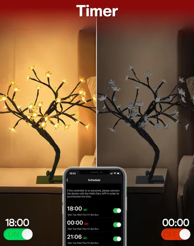 Vista 3 de Lámpara LED inteligente RGB con diseño de árbol de cerezo, bonsái iluminado por USB de 16 pulgadas para escritorio, temporizador de sincronización