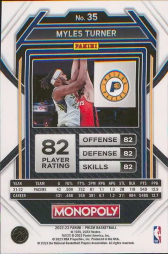 Vista 2 de 2022-23 PANINI MONOPOLY PRIZM #35 MYLES TURNER INDIANA PACERS BALONCESTO OFICIAL DE LA NBA