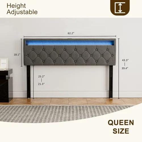 Vista 10 de IKIFLY Cabecera tapizada tamaño Queen con luces LED, puerto USB y tipo C 39.4"-43.3" Adjustable Height, Button Tufted Linen Fabric Padded Queen