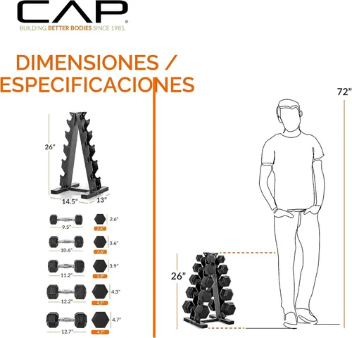 Vista 5 de CAP Juego de mancuernas hexagonales con revestimiento de goma con estante de almacenamiento, opciones de 100 a 210 libras, almacenamiento compacto