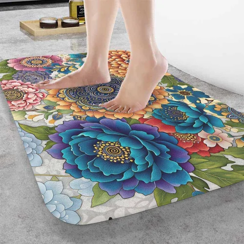 Vista 2 de Tapete de baño con flores abstractas para baño, diseño de peonía colorida, crisantemo, loto, magnífica, especial, tapete de baño, tapete de puerta