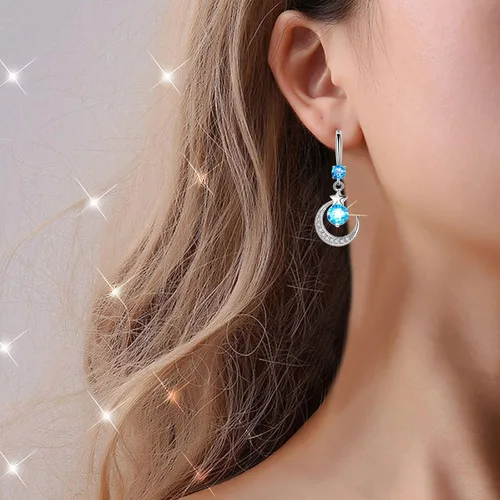 Vista 5 de Star Mythology - Aretes de gota de agua de luna, finos y elegantes aretes de diamantes de imitación, aretes de cobre con gota de agua para mujer