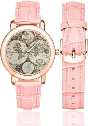 Vista 2 de Old Map of World - Reloj de pulsera para mujer, chapado en oro rosa, correa de cuero rosa