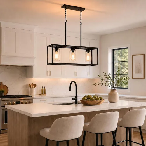 Vista 7 de Lámpara de comedor negra de 3 luces, candelabros modernos de granja, iluminación rectangular lineal para isla de cocina, iluminación colgante
