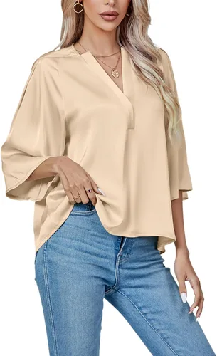 Vista 3 de LYANER Blusa de satén elegante con cuello en V y manga 34 para mujer