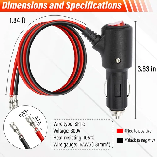Vista 3 de Enchufe de encendedor de cigarrillos de 12 V con interruptor de encendido y apagado, 2 pies, 16 AWG, resistente, 15 A, repuesto para encendedor