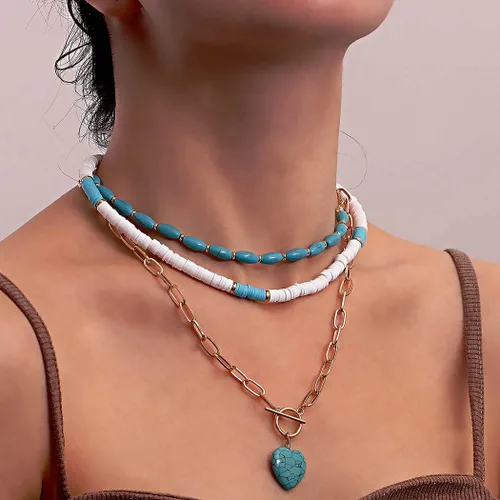 Vista 2 de Gangel Collar bohemio con forma de corazón, collares en capas de turquesa, gargantilla de surfista, collar de concha de puka, collar de playa