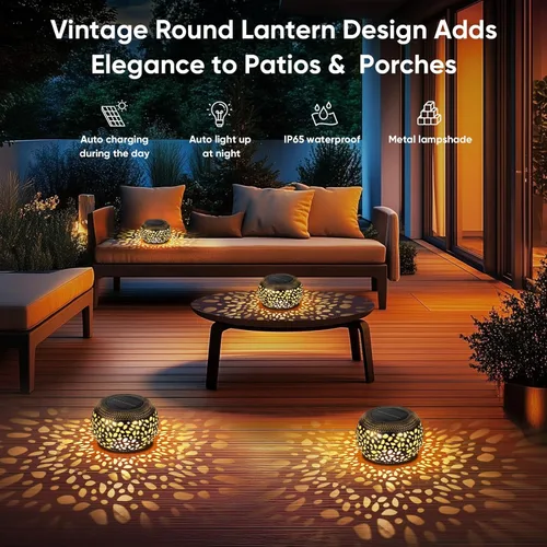 Vista 5 de Farol solar para decoración de patio al aire libre: faroles solares para exteriores, impermeables, ahuecados, retro, metal, alimentados por energía