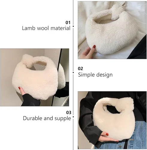 Vista 5 de VALICLUD Bolsa de felpa de invierno para dumpling de moda, bolsa de almacenamiento portátil, Blanco