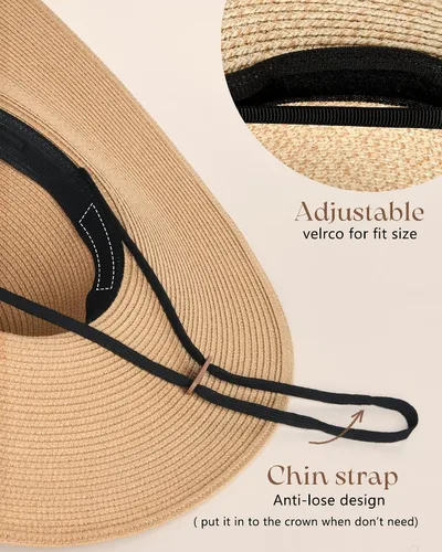 Vista 3 de Sombrero de paja para mujer, ala ancha, UPF 50, sombrero de verano, plegable, para playa
