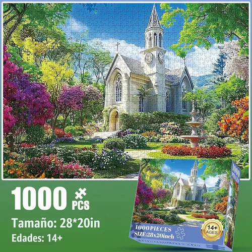 Vista 2 de Rompecabezas de 1000 piezas para adultos, rompecabezas de pequeña capilla, hermoso rompecabezas de jardín de campo de 1000 piezas, divertido