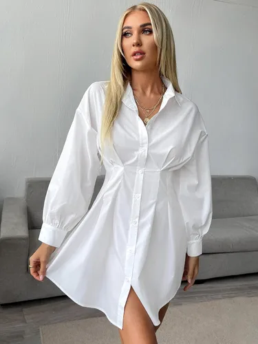 Vista 3 de SheIn Vestido corto plisado de manga larga para mujer cuello de solapa botones acampanado
