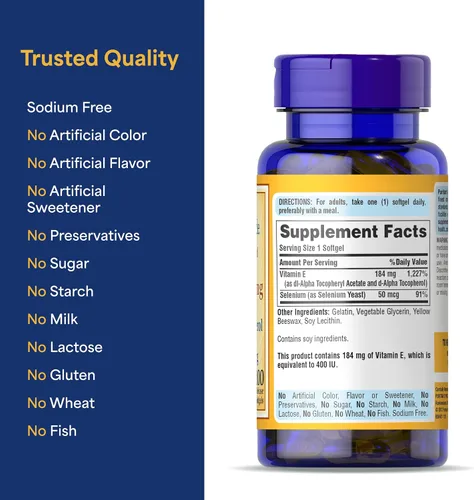 Vista 6 de Puritan's Pride Vitamina E 184 mg (400 UI) con selenio 50mcg, suplemento vitamínico para el sistema inmunológico y apoyo antioxidante para la salud