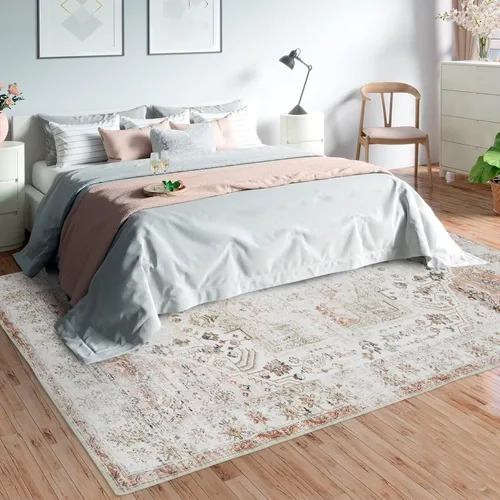 Vista 3 de COZYLOOM Alfombra lavable a máquina de 4 x 6, estilo bohemio, vintage, con medallones florales, alfombra suave de pelo bajo, antideslizante