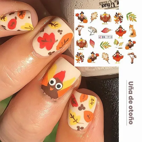 Vista 7 de Calcomanías de arte de uñas de otoño, calcomanías de agua de otoño, suministros de uñas, hojas de arce, pavo, calabaza, diseño de calcomanías