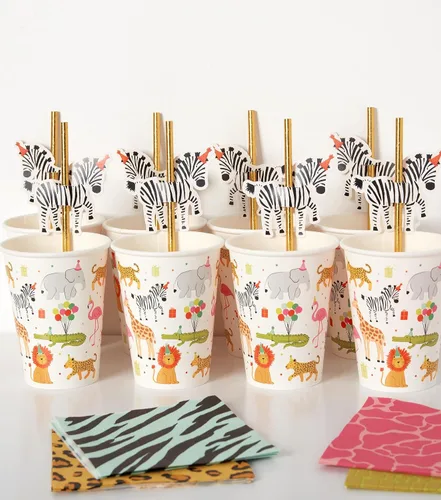 Vista 6 de Vasos de papel de animales para fiestas, popotes, 8 unidades (TWCST-25362)