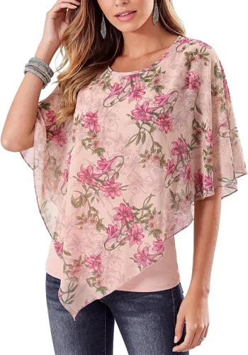 Vista 12 de Lotusmile Blusas elegantes de gasa tipo poncho para mujer 25 impresiones punto negro
