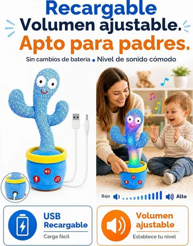 Vista 2 de Juguetes recargables para bebés, juguete de cactus que habla bailando, volumen ajustable, canto, imitando la repetición, juguetes interactivos