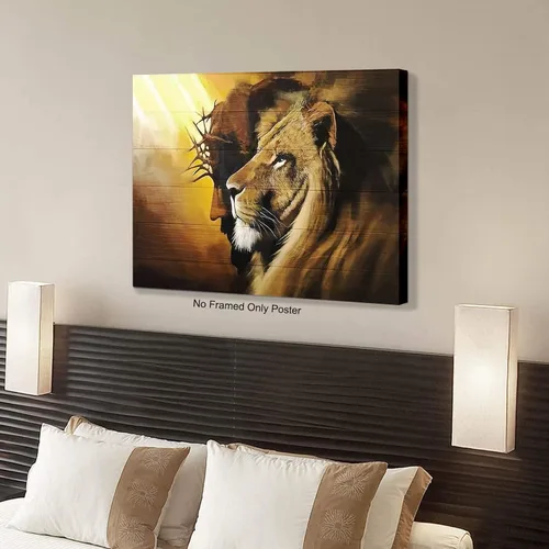 Vista 4 de Mislojade Lienzo decorativo para pared, diseño de león de Judá, pinturas negras de Jesús, decoración para sala de estar, póster e impresiones